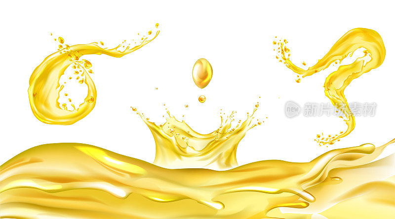 油飞溅。黄河流程。燃料滴。黄金液体皇冠。宏滴奶油。现实的色斑。Omega - 3,6 - 9维生素。矢量插图。